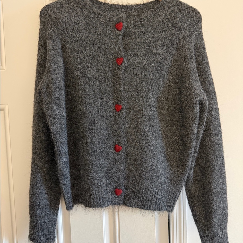 Cozy Gray Sweater with Red Heart Accents